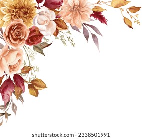 Autumn floral corner border. Painted bouquet with dahlia, rose and eucalyptus. Fall foliage frame. Watercolor illustration
