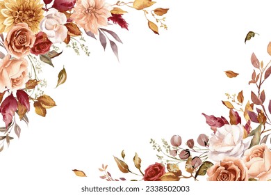 가을의 꽃 모퉁이 테두리. 달리아, 장미, 유칼립투스와 함께 부케를 그렸습니다. 단풍 프레임 수채화 그림
 스톡 일러스트