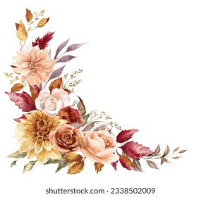 Autumn floral corner border. Painted bouquet with dahlia, rose and eucalyptus. Fall foliage frame. Watercolor illustration
