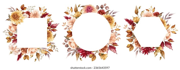 秋の花柄フレームセット。秋の花輪。さびた花は縁にある。テラコッタの結婚式。感謝祭のカード。白い背景に手描きのイラスト
のイラスト素材
