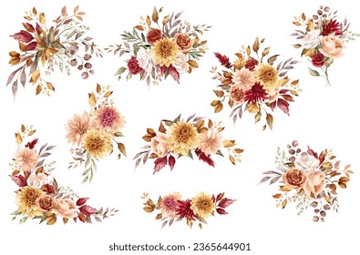 Autumn floral illustration clipart. Bouquet with dahlia, rose and fall leaves. Blush and burgundy, terracotta flowers arrangement Adlı Stok İllüstrasyon