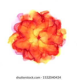 Autumn flower. Bright hand drawn watercolor blossom in red and orange tones. Alcohol ink art. Raster illustration.