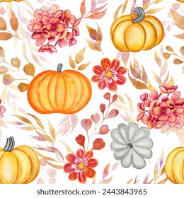 Autumn flowers and pumpkins watercolor seamless pattern. Hand drawn fallen leaves and harvest endless harvest festival background. Print for fabric and wallpaper. - Powered by Shutterstock