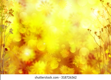 Autumn Flowers Sunny Background. Abstract Fall Bokeh With Lens Flare Effect. Beautiful Fall Forest With Field Flowers Flying In The Air. Blurred Yellow And Orange Fall Background With Golden Stardust.