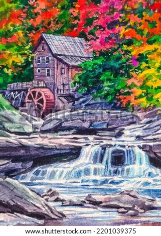 Autumn forest and country house. Autumn landscape with waterfall. Red Tree leaves. Thanksgiving day. Watercolor painting. Acrylic drawing art. A piece of art.