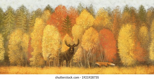 An Autumn Forest With A Deer And A Fox Among The Trees. Digital Painting.