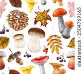 Autumn forest mushrooms and fallen leaves seamless pattern in warm colors. Watercolor vintage style illustration. Hand drawn edible mushroom elements with autumn dry leaves on white background