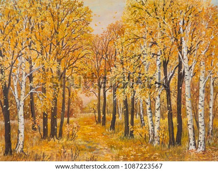 Autumn forest, orange leaves. Original oil painting on canvas. Author s painting.