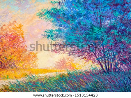 Autumn forest , orange leaves.Oil painting landscape.