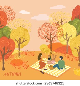 Autumn forest picnic. Happy couple sitting on a blanket. Fall scenery background with yellow trees, orange leaves. Hand drawn flat illustration. - Powered by Shutterstock