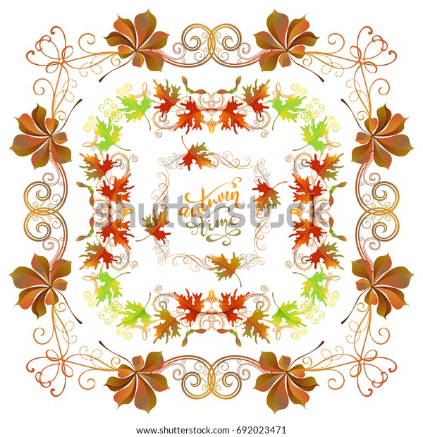 Autumn frames set. Bright frames,\
corners, page decorations and dividers, swirls and flourishes\
isolated on white background. Colourful maple and chestnut\
leaves.