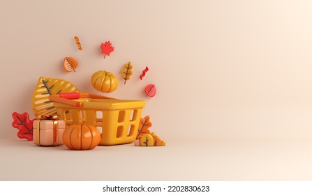 Autumn Halloween Sale Decoration Background With Basket Shopping Cart, Pumpkin, Gift Box, Leaves, Copy Space Text, 3D Rendering Illustration