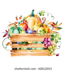 Autumn harvest basket and fall leaves branches berry blackberry mushroom pumpkins walnut grapes vine prunes pomegranante wooden basket   more Perfect for greeting card menu blogs graphic projects 
