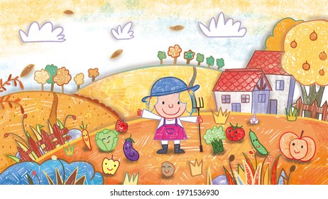 Autumn Harvest Party Backdrop Background  Cute oil pastel drawing crayon doodle for children book illustration poster wall painting  pumpkin  eggplant  cucumber  tomato  pepper  potato  cabbage carrot