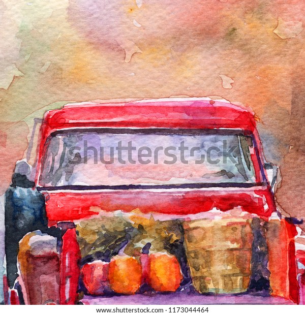 autumn harvest. Red\
car. pumpkin.\
watercolor