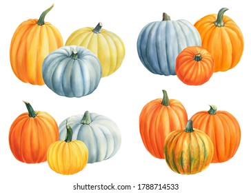 Autumn Harvest. Set Of Pumpkins On Isolated White Background, Watercolor Illustration, Clipart