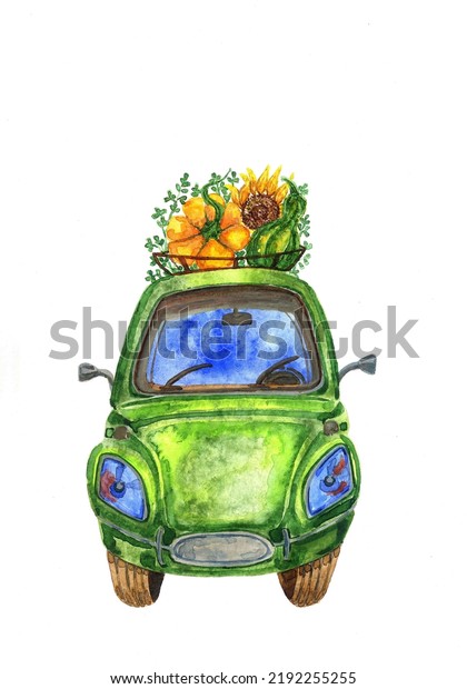 Autumn Harvest\
Truck.watercolor autumn illustration . A hand-drawn car with\
pumpkins, sunflowers. Thanksgiving card. Hello autumn.Watercolor\
Pumpkin Truck.