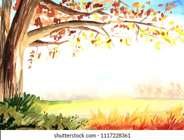 Autumn horizontal template and background. Watercolor hand drawn illustration