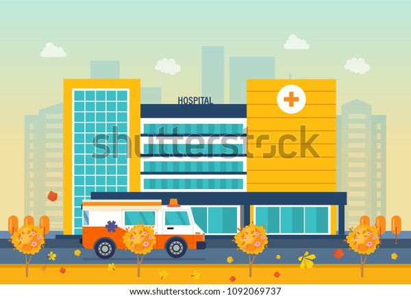 Autumn hospital building,\
healthcare system and medical facility. Clinic exterior, medical\
architecture hospital, landscape on background city. illustration\
isolated.