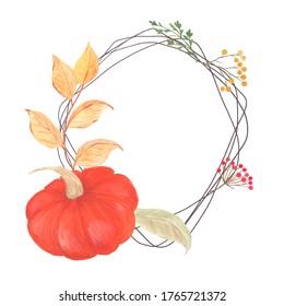 Autumn Illustration Of Pumpkins And Fall Flowers. Set Of Autumn Plants And Harvest. Thanksgiving Invitation. Halloween Invitation Card. Baby Shower In Autumn. Wreath With Pumpkins.