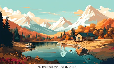 autumn landscape background with small cabin near the lake nature background illustration - Powered by Shutterstock