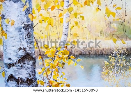 Autumn landscape. Birch tree with branches and golden yellow leaves are depicted, bark painted in detailed. In the background is a lake under bright daylight. Oil painting on canvas