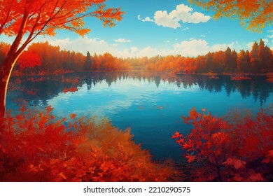 Autumn landscape with blue lake and many red leaves above. digital illustration art. - Powered by Shutterstock