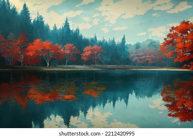 Autumn landscape with blue lake and many red leaves above. digital illustration art. - Powered by Shutterstock