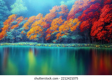 Autumn landscape with blue lake and many red leaves above. digital illustration art. - Powered by Shutterstock