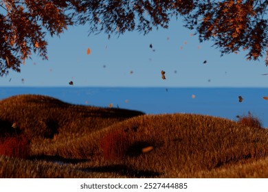 Autumn landscape with colorful leaves falling over rolling hills and a serene blue sky. 3d rendering - Powered by Shutterstock