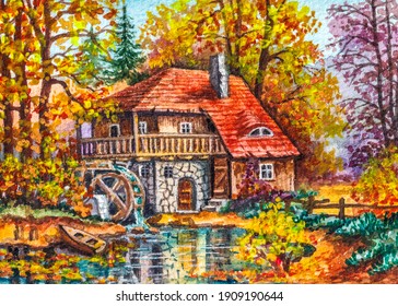 Autumn Landscape With Country House In The Forest. Cabin For Camping. Reflection In The Lake. Watercolor Painting. Acrylic Drawing Art.