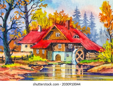 Autumn Landscape With Country House In The Forest. Cabin For Camping. Reflection In The Lake. Watercolor Painting. Acrylic Drawing Art. A Piece Of Art. 