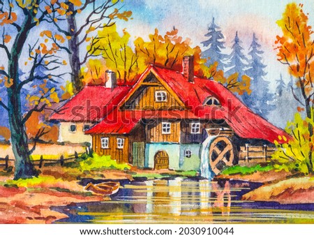 Autumn landscape with country house in the forest. Cabin for camping. Reflection in the lake. Watercolor painting. Acrylic drawing art. A piece of art. 