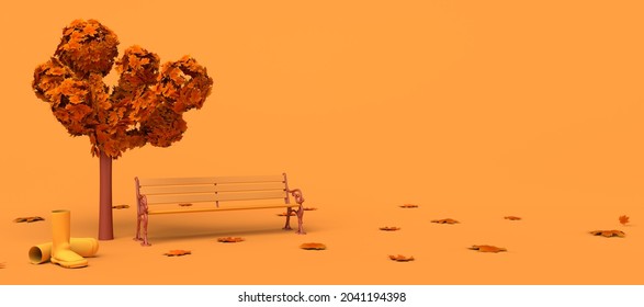 Autumn Landscape With Fallen Leaves, Bench And Wellies. Copy Space. 3D Illustration.