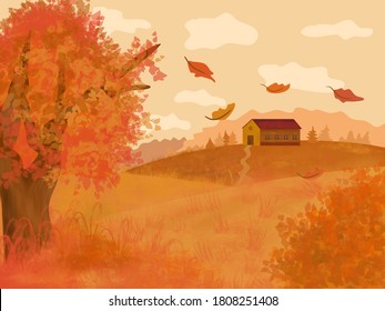 Autumn Landscape With Farm Fields And Fallen Leaves