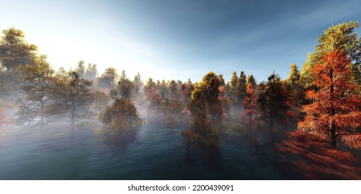 Autumn Landscape, HDRI Trees With Red And Yellow Leaves In The Morning In The Fog, 3d Rendering