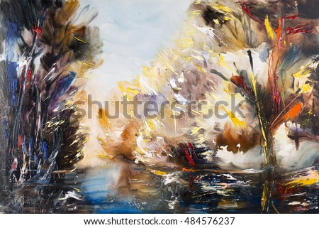 Autumn landscape, northern landscape, mountain river. Oil on canvas, modern art, watercolor painting, modern contemporary art 