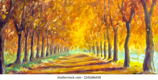 Autumn Landscape Oil Painting - Gold Orange Autumn Trees In Sunny Park Alley. Autumn In Forest Wood Fine Art Illustration