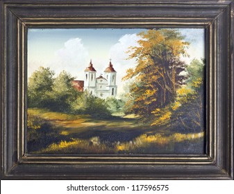 Autumn landscape with old village Catholic church oil painting in old wooden frame
