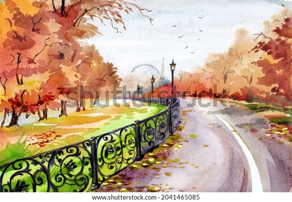 Autumn landscape, park, alley with lanterns\
and perspective. The effect of distance , the landscape of an\
autumn urban area against the background of nature in red tones.\
Watercolor\
illustration.