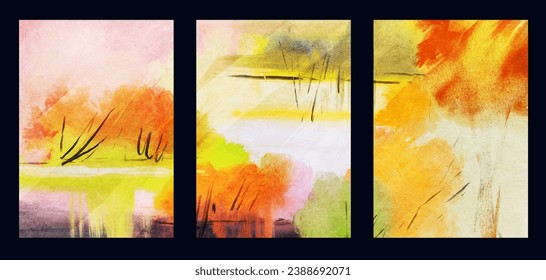 Autumn landscape. Pastel drawing.  Hand-drawn illustration. 