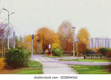 Autumn landscape and trees   City park  Illustration and colored pencils 