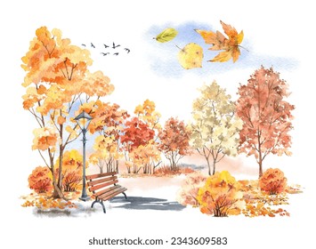 Autumn landscape watercolor illustration, Nature background, Fall tree, yellow orange leaf - Powered by Shutterstock