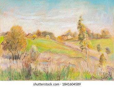 Autumn landscape with yellow field and little river