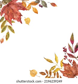 Autumn Leaf And Foliage Corner Border. Watercolor Hand-painted Fall Leaves Illustrtaion. Botanical Frame On White Background.