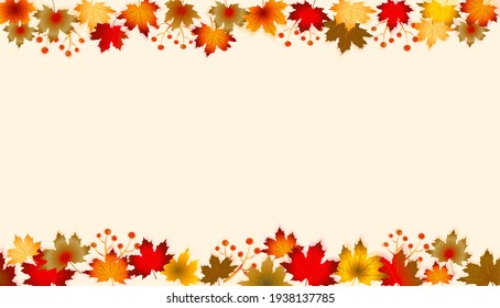 Autumn Leaves Border With Red, Yellow And Orange Fall Leaves With Copy Space. Fall Foliage Frame For Text. 