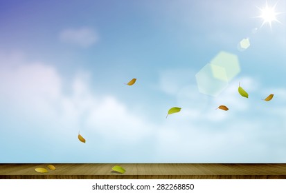 autumn leaves falling on wooden platform, sunlight, sunbeam, sun shine outdoor environment. Nature, natural, breeze, peace, peaceful, fresh, fresh, freedom idea background template - Powered by Shutterstock