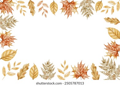 Autumn Leaves Frame. Watercolor illustration of template with fall orange plants for harvest festival greeting cards or wedding invitations. Drawing with maple and oak leaf on isolated background. - Powered by Shutterstock