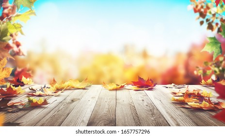 Autumn maple leaves on wooden table front. Falling leaves natural light warm background. 3d rendering - Powered by Shutterstock