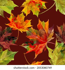 Autumn maple leaves watercolor on burgundy background seamless pattern for all prints.